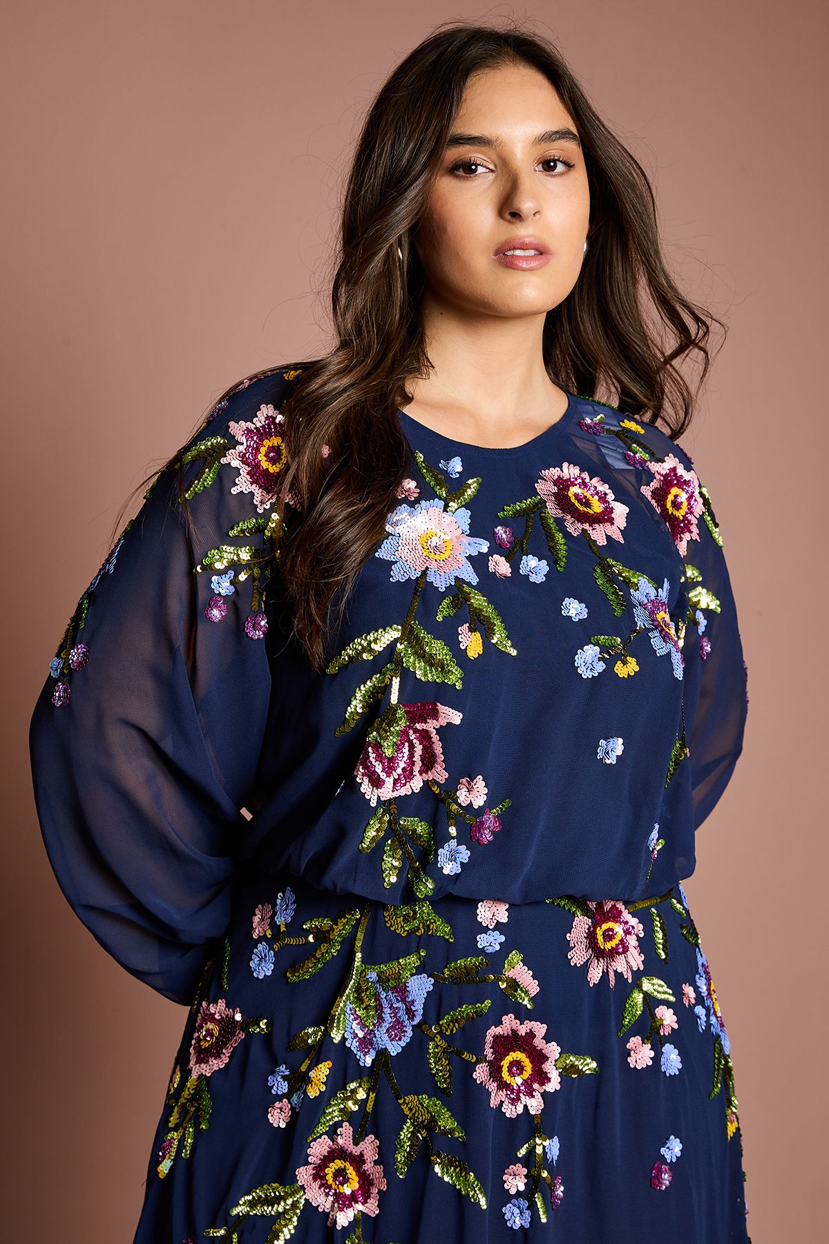 Coast Plus Size Long Sleeve Floral Embellished Sequin Midi Dress