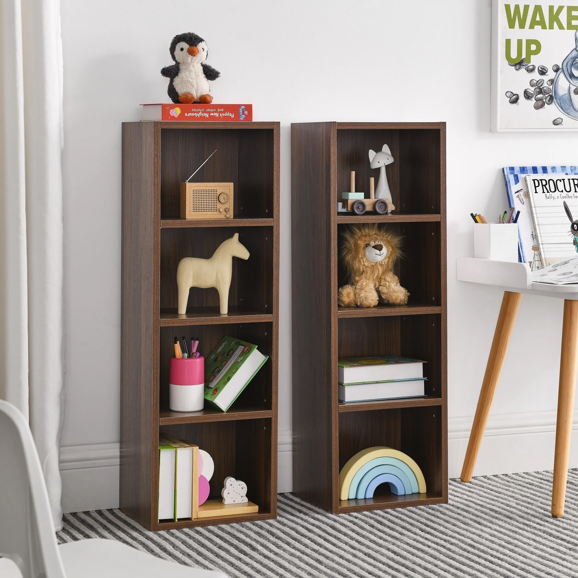 8-Tier Tall Narrow Media Bookcase Display for Home Office, Multi-functional double-decker bookcase