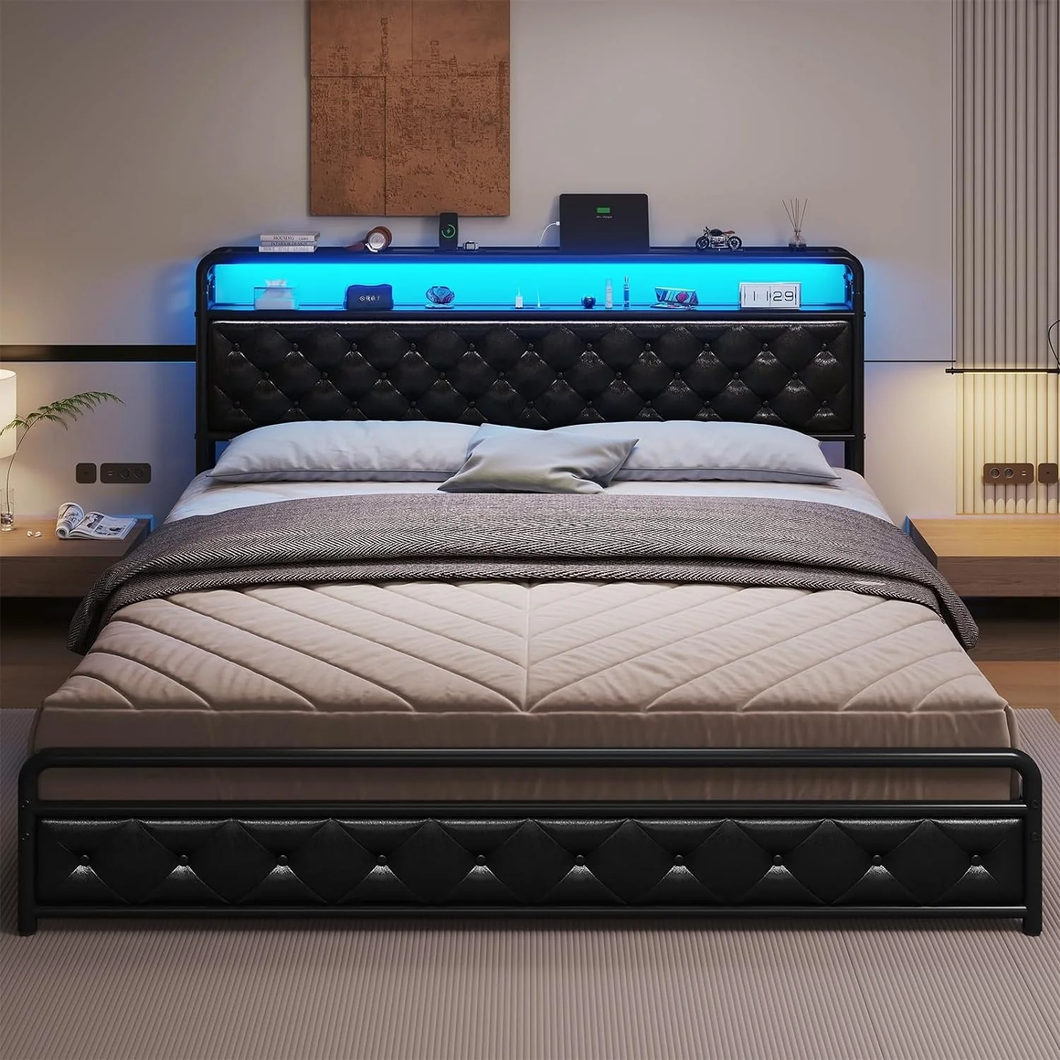 Bed Frame LED Light Headboard Platform Bed Frame Faux Leather