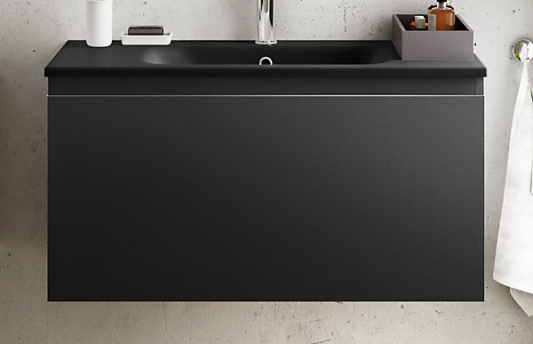Meuble vasque suspendu noir mat l.90 cm   plan vasque noir mat résine, Pura
