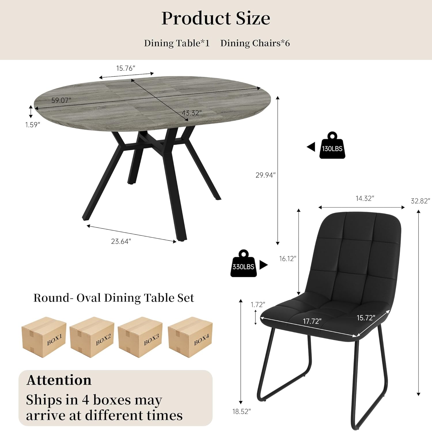 Extendable Round Dining Table Set for 6 People, 43.3-59.1 Extendable Kitchen Table with 6 Upholstered Chairs, Space Saving for Kitchen Dining Room (Grey Table+6 U-Shaped Black Chairs)