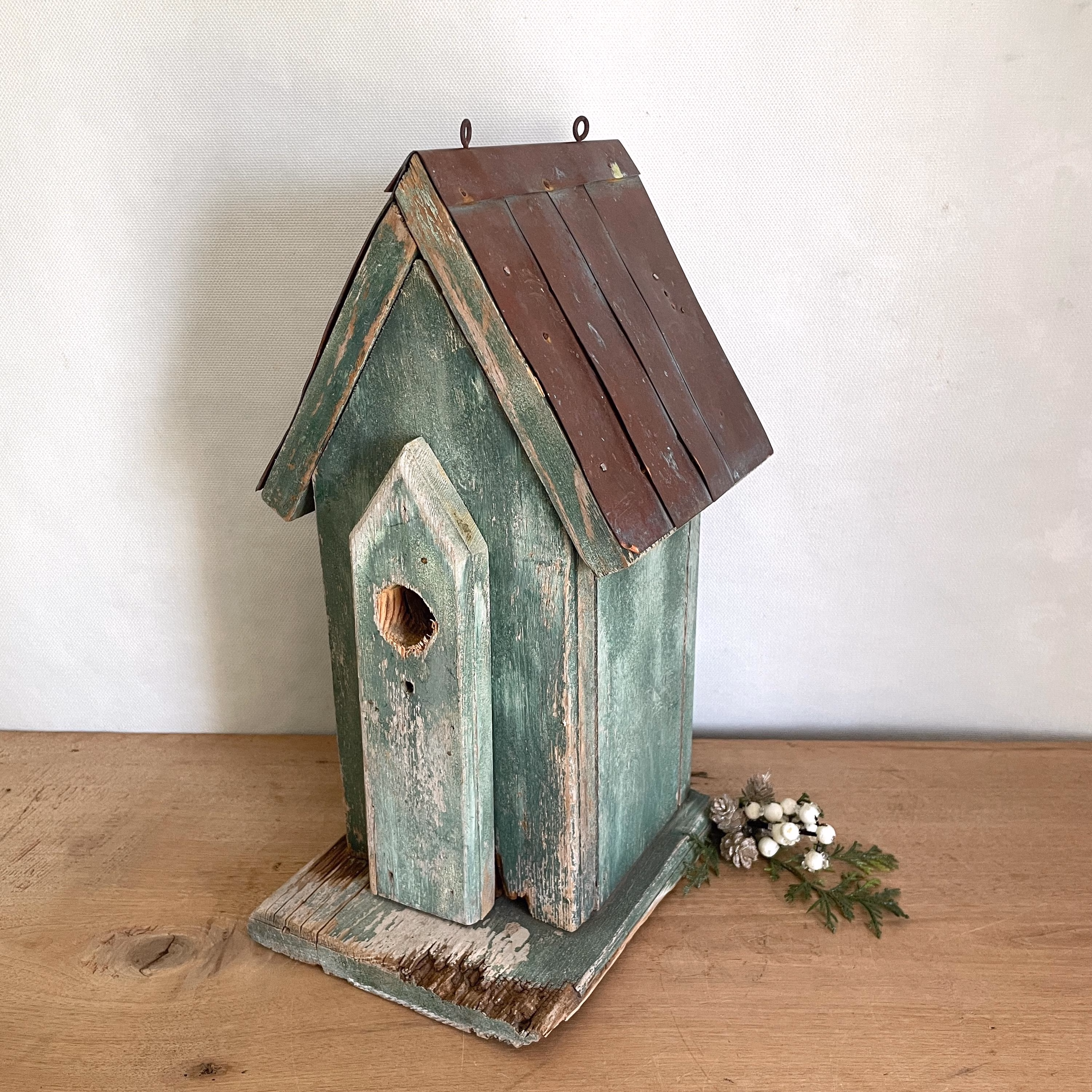 Vintage Wooden Birdhouse – Rustic Green Weathered Bird House Decor – Cottage Garden Accent