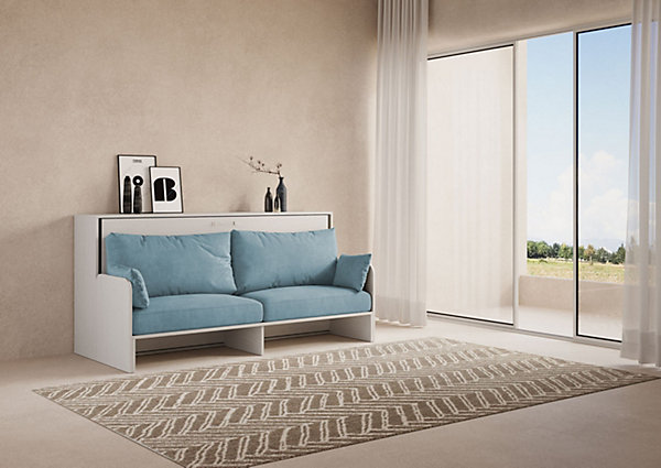Lit simple escamotable Kando avec canapé en frêne blanc, bleu clair