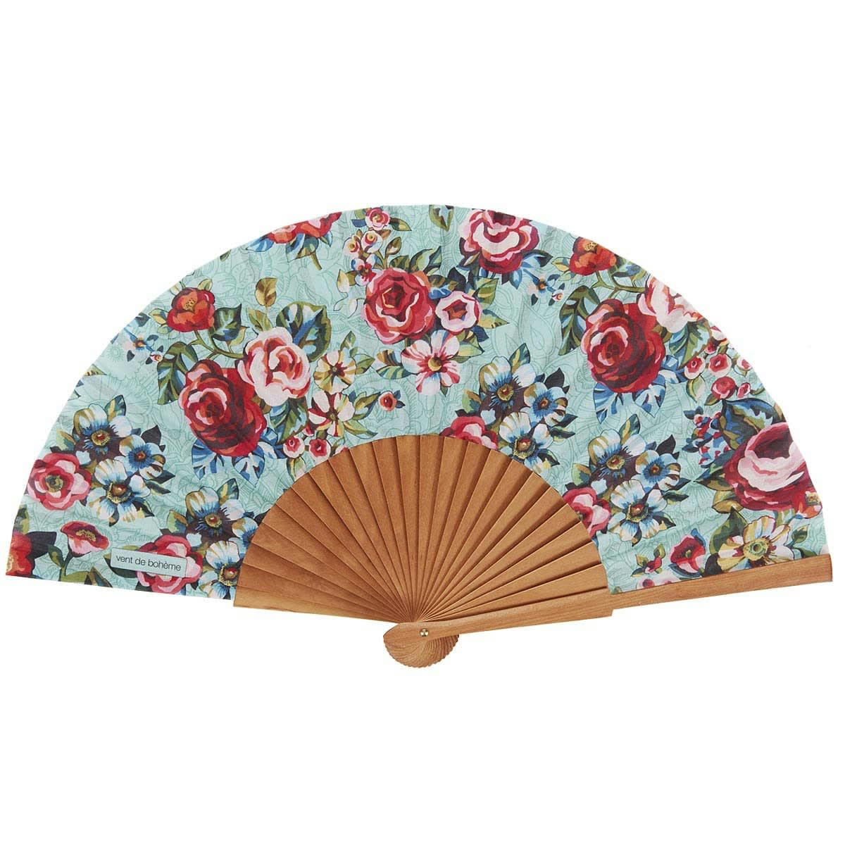 DEVI - Éventail en bois de merisier et coton motif fleuri Lagon
