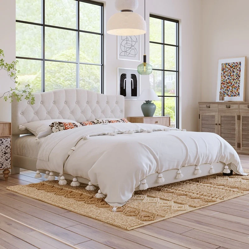 King Size , Modern Upholstered Platform Bed with Headboard, Heavy Duty Button Tufted Bed Frame with Wood Slat Support,Beige