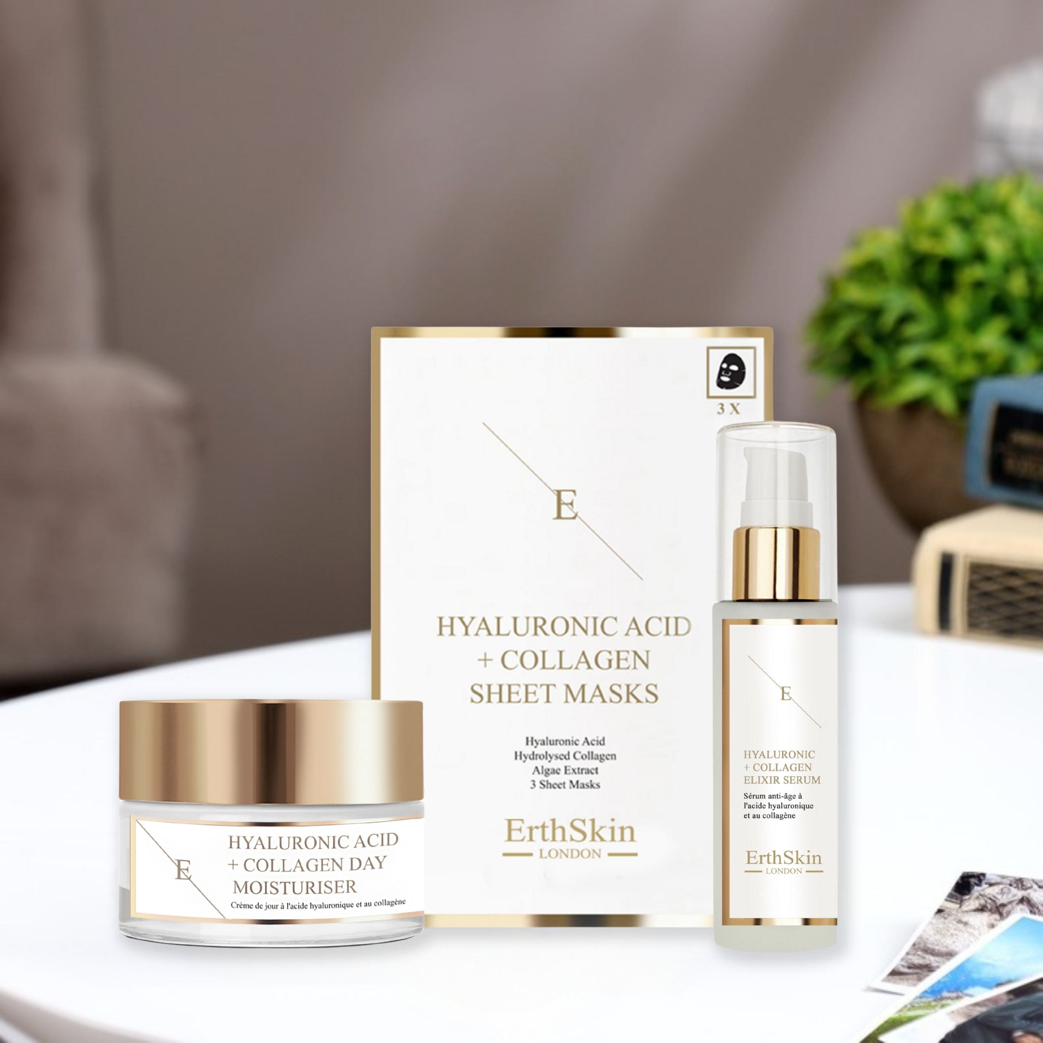 Erth Skin London Ultimate Hydration Trio: Hyaluronic Acid & Collagen Day Cream 50ml   Serum 60ml   Mask 3 Sheets