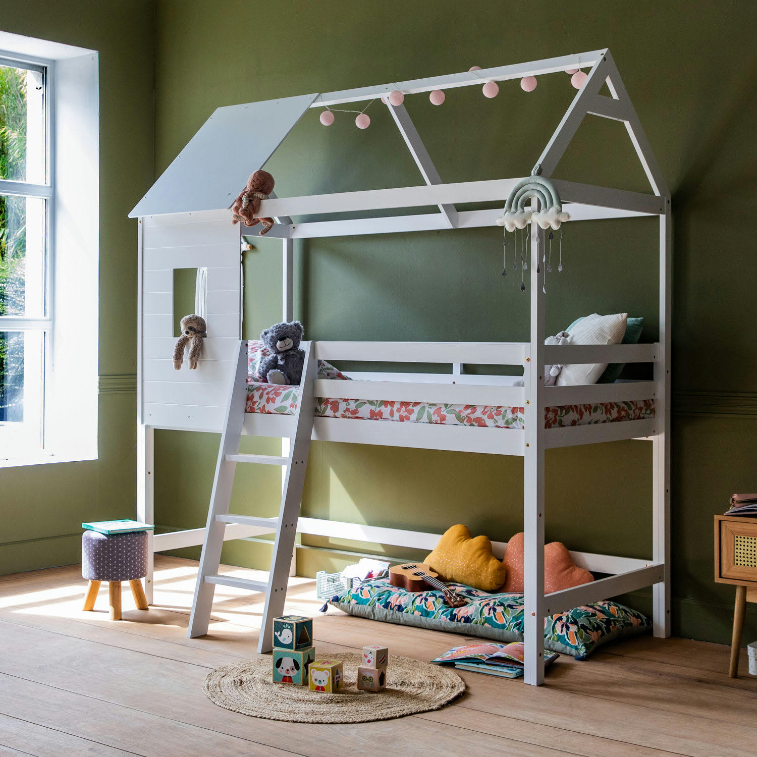 MARGOT - Lit cabane mezzanine pour enfant 190x90cm blanc
