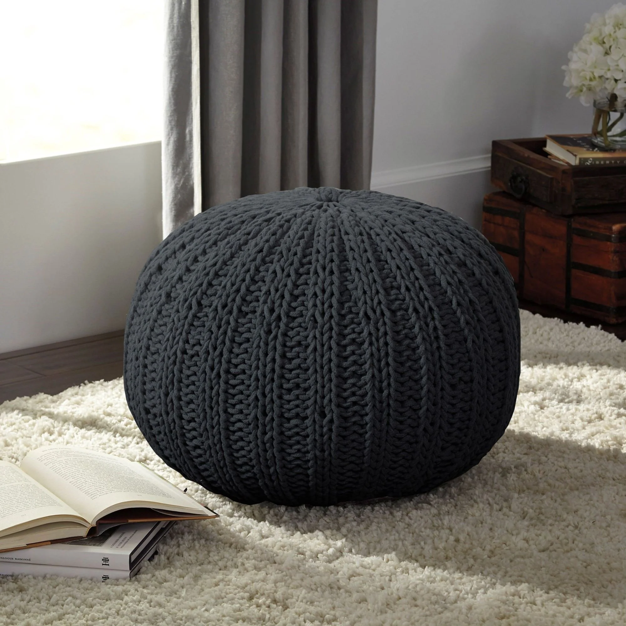 20 Charcoal Black Solid Hand Knitted Round Pouf Ottoman