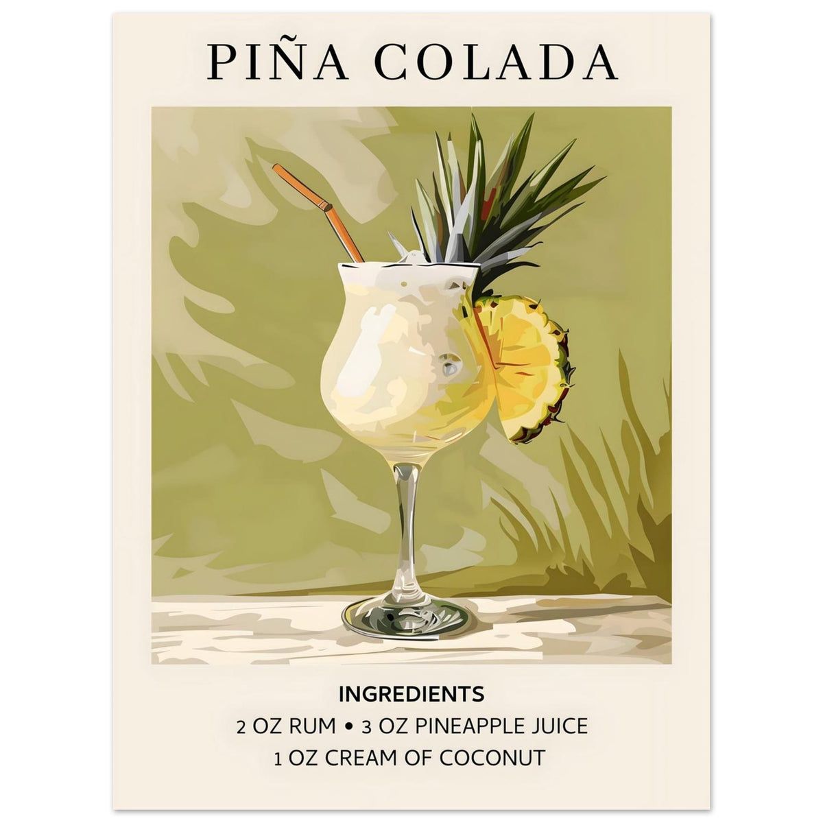 Artfulprints Poster Piña Colada cocktail - Ingrediënten  - 30x40 cm - Groen