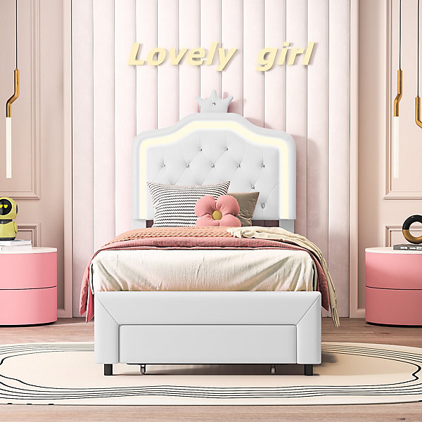 Cadre De Lit Crown 90 X 200 Cm Avec éclairage LED Et Tête De Lit Réglable, Avec Tiroirs,blanc