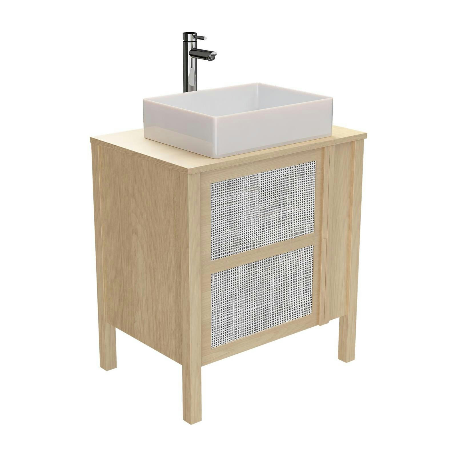 NESTO - Meuble simple vasque 70cm chêne  porte cannage + vasque + robinet