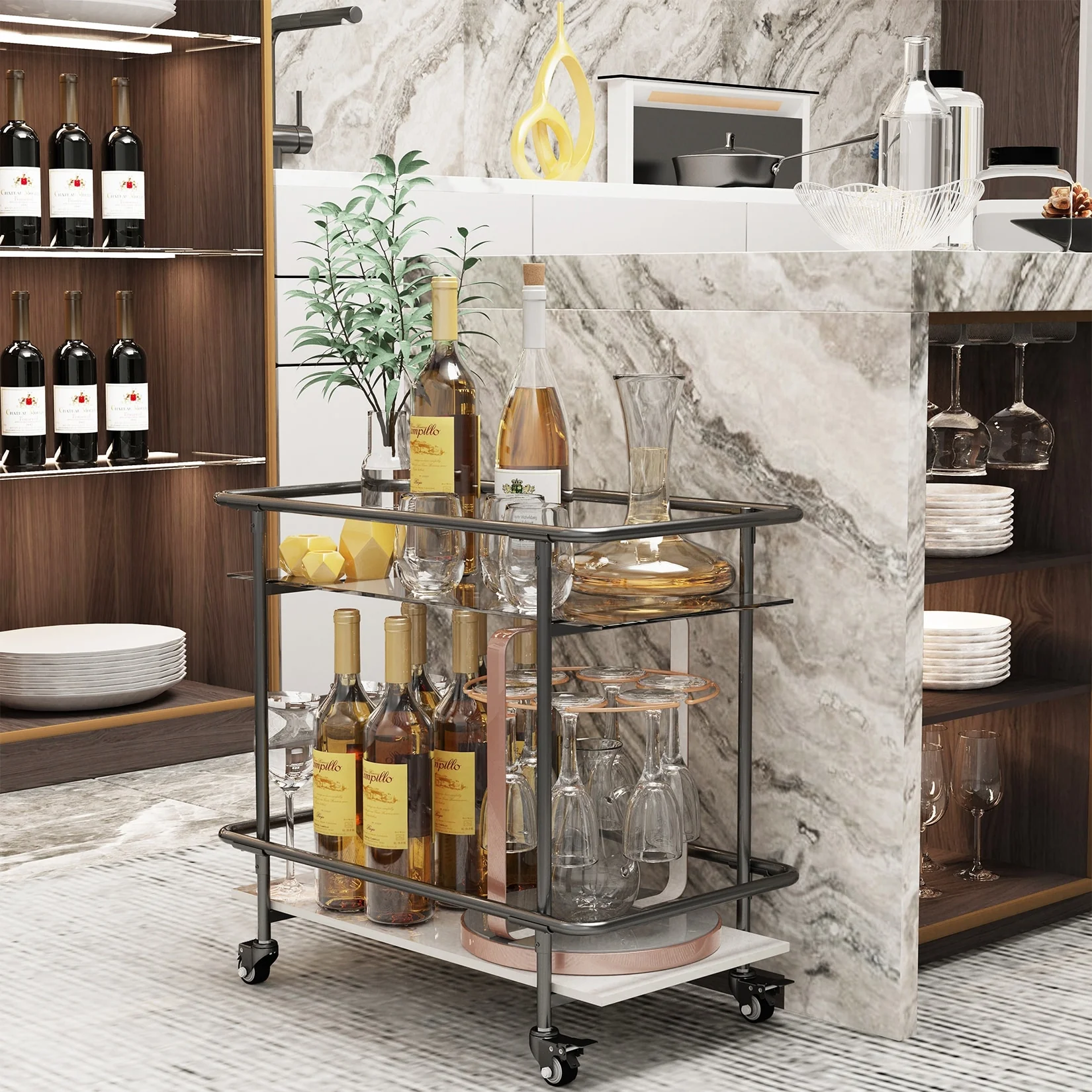 2 Tier Side Table Mobile Trolley Bar Cart Storage with Tempered Glass Top and Marble Bottom
