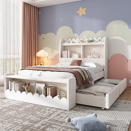 Lit simple en bois 90x190cm - avec 2 tiroirs et étagères - Blanc (matelas non inclus)