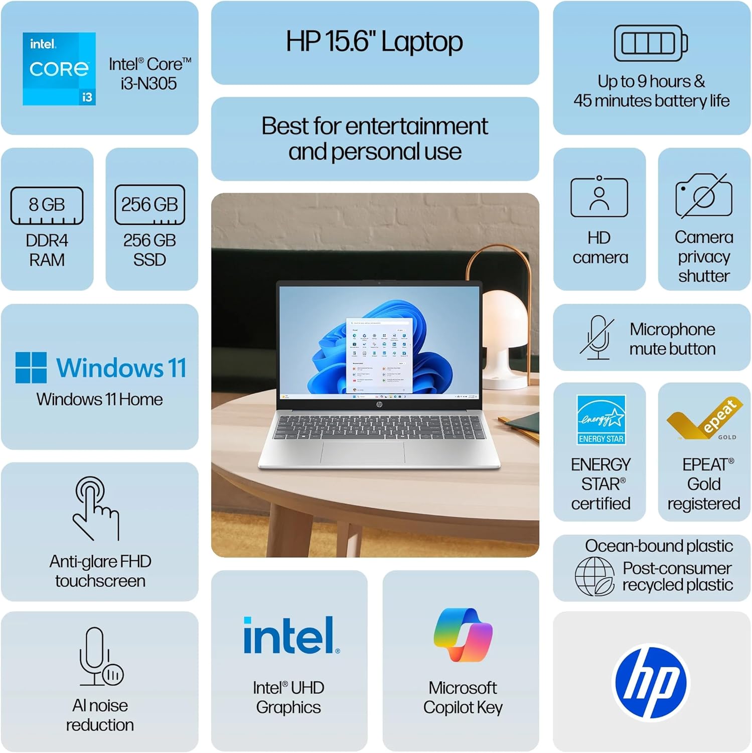 HP 15.6 FHD Touchscreen Student Laptop - Intel 8-Core i3-N305(Up to 3.8GHz) 32GB DDR4 RAM 1TB SSD  Laptop Computer with HD Private Webcam Fast Charge Copilot AI WiFi 6 Win11  w/Redragon Accessory