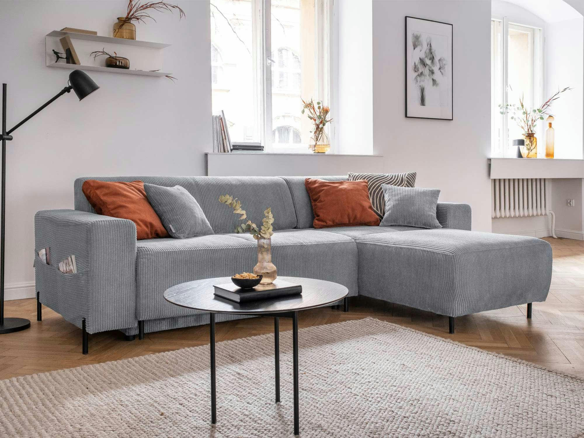 CUDDLY - Canapé d'angle réversible convertible 4 places en velours côtelé gris