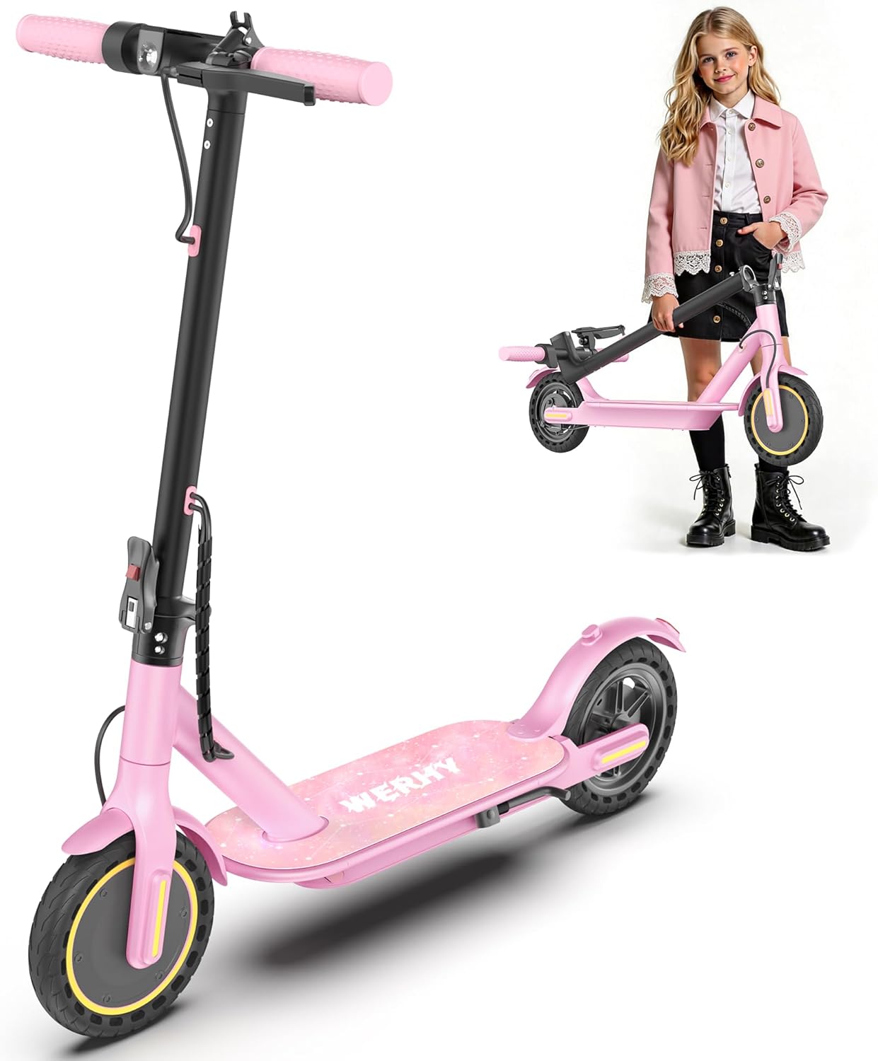 WERHY Foldable Kids Electric Scooter, 350W Motor, Max 12/16Miles Long Range, 19 MPH Max Speed, 8.5 Solid Tire, Lightweight Foldable E-Scooter with Dual Braking, Digital Display, Cruise Control