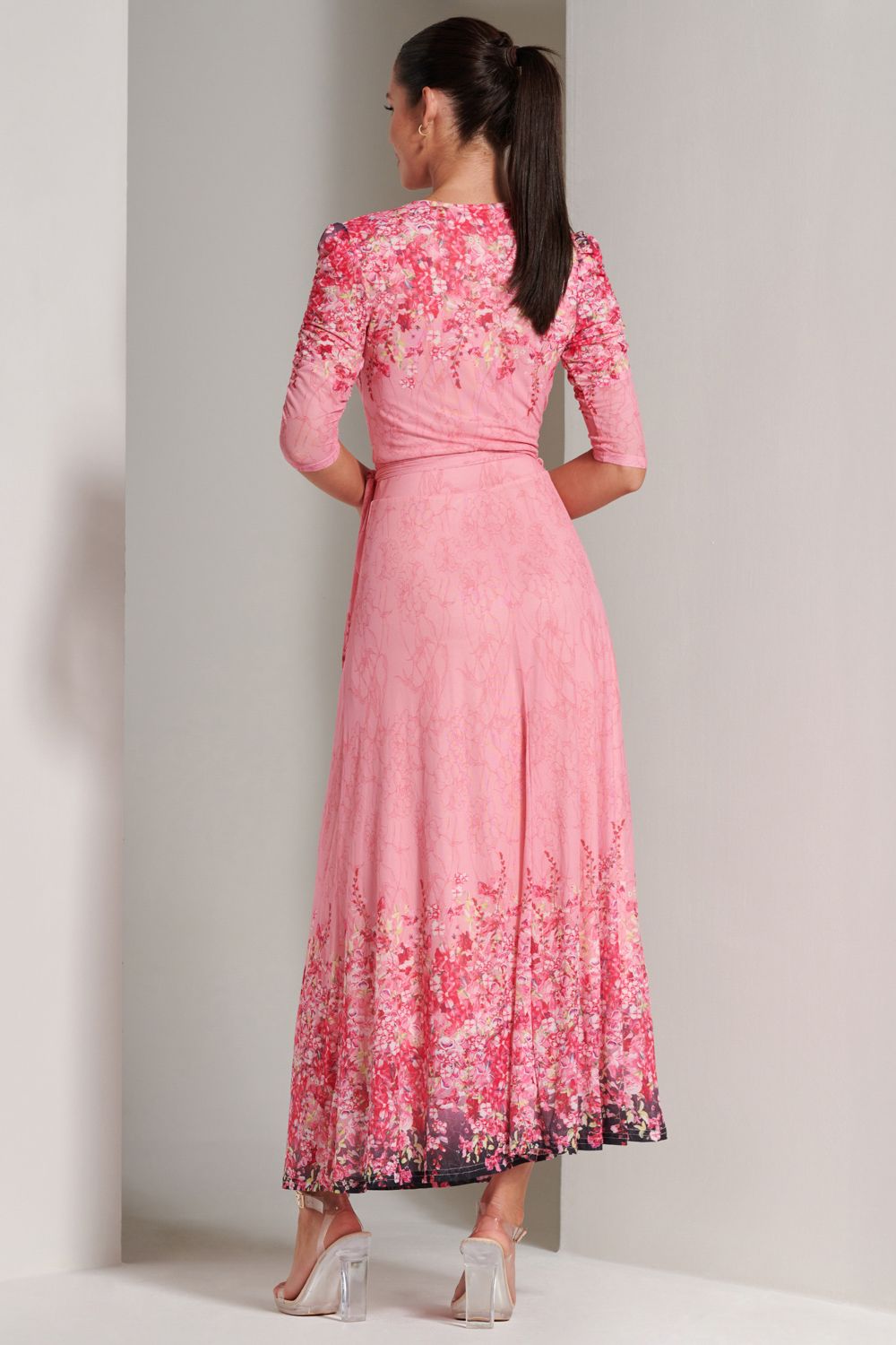 Jolie Moi Peggy Ruched Sleeve Wrap Mesh Maxi Dress