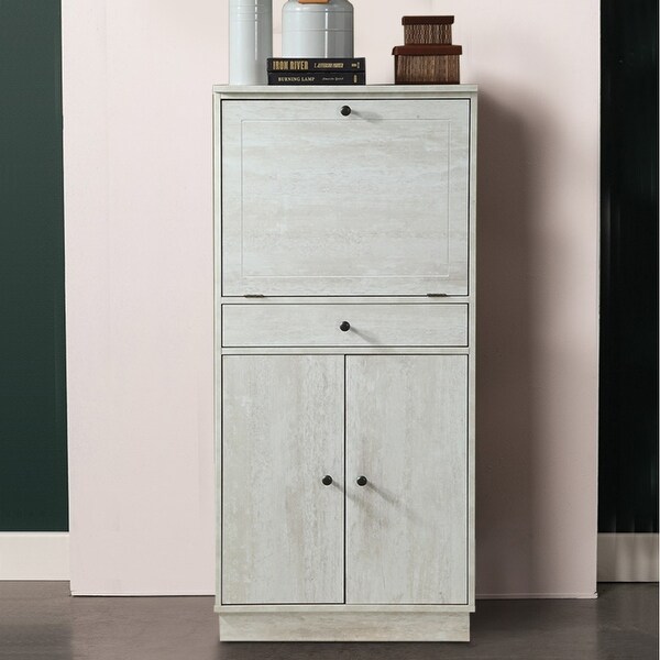 Spacious Wooden Wine Cabinet with Drop Down Storage and Double Door Cabinet, White