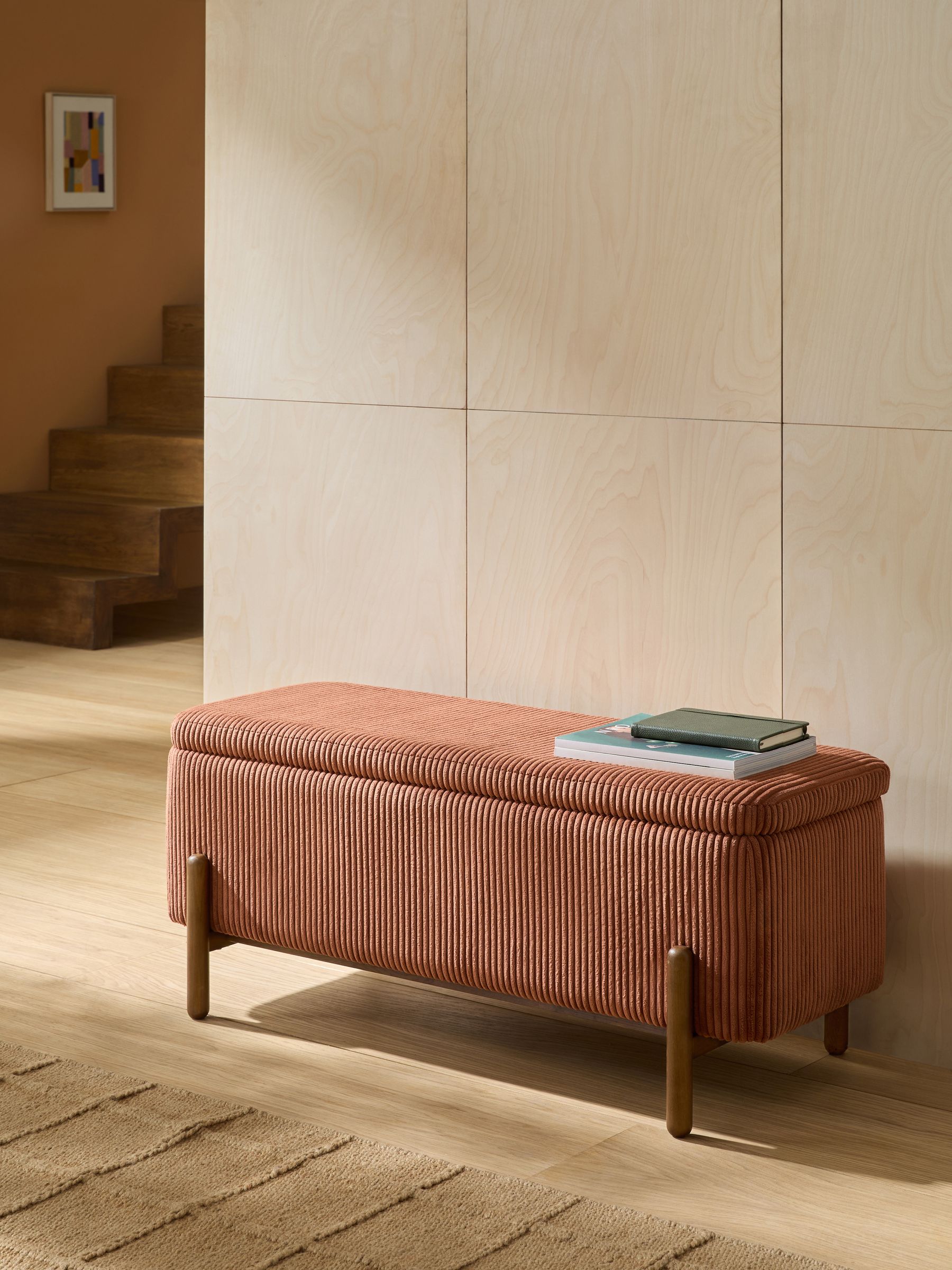 Asare Storage Ottoman Bench in Nutmeg Orange Corduroy
