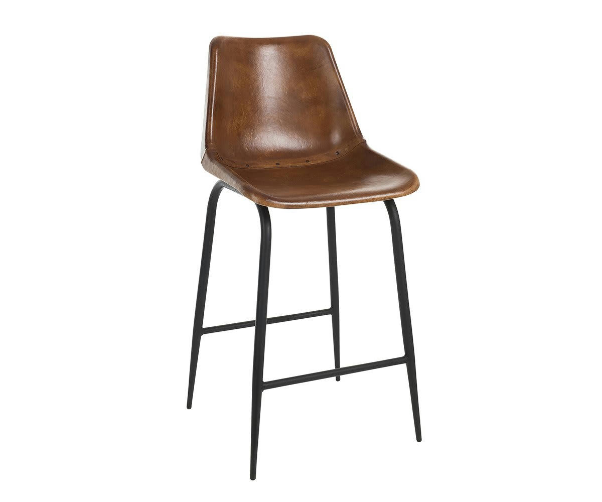 ZONA - Tabouret vintage en cuir et métal noir marron