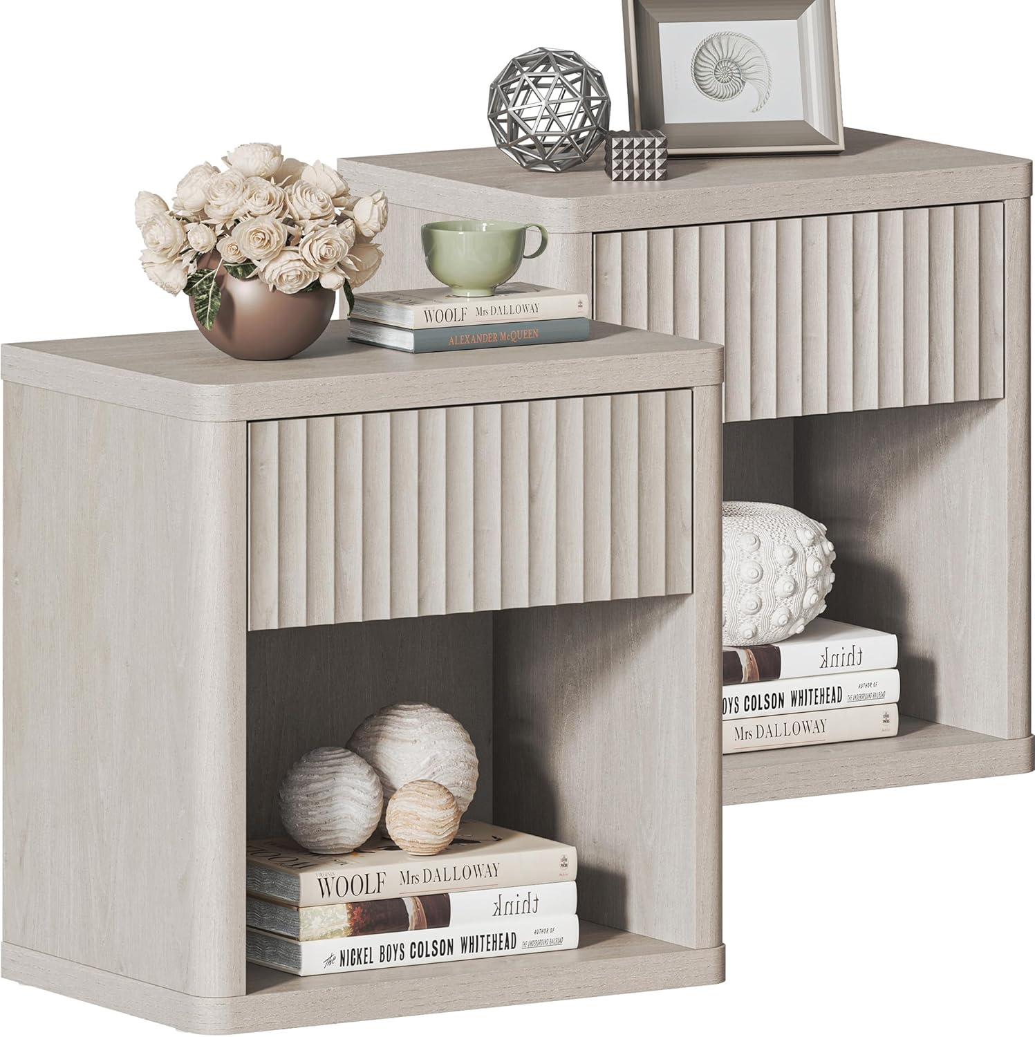 SICOTAS Night Stand Set of 2 Nightstands with Drawer Storage Fluted Bed Side Table End Table Large Modern Wide Bedside Stand Mid Century Night Stands for Bedroom Living Room Sofa Office, White Alder