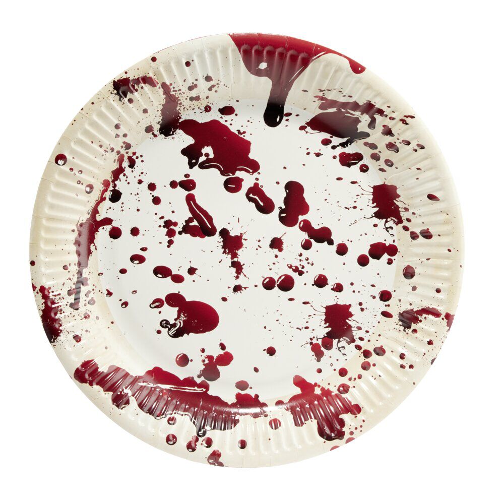Assiette jetable Halloween X8 blanche décor effet sang Ø23cm
