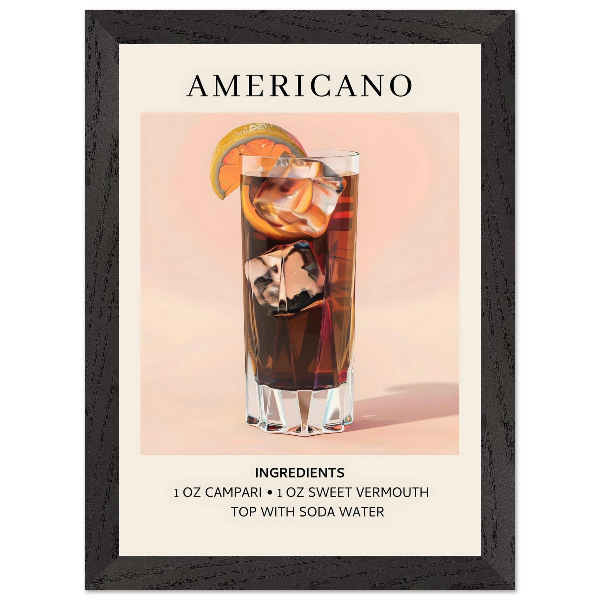 Artfulprints Poster met Lijst Americano cocktail - Ingrediënten  - A4 21x29.7 cm - Roze