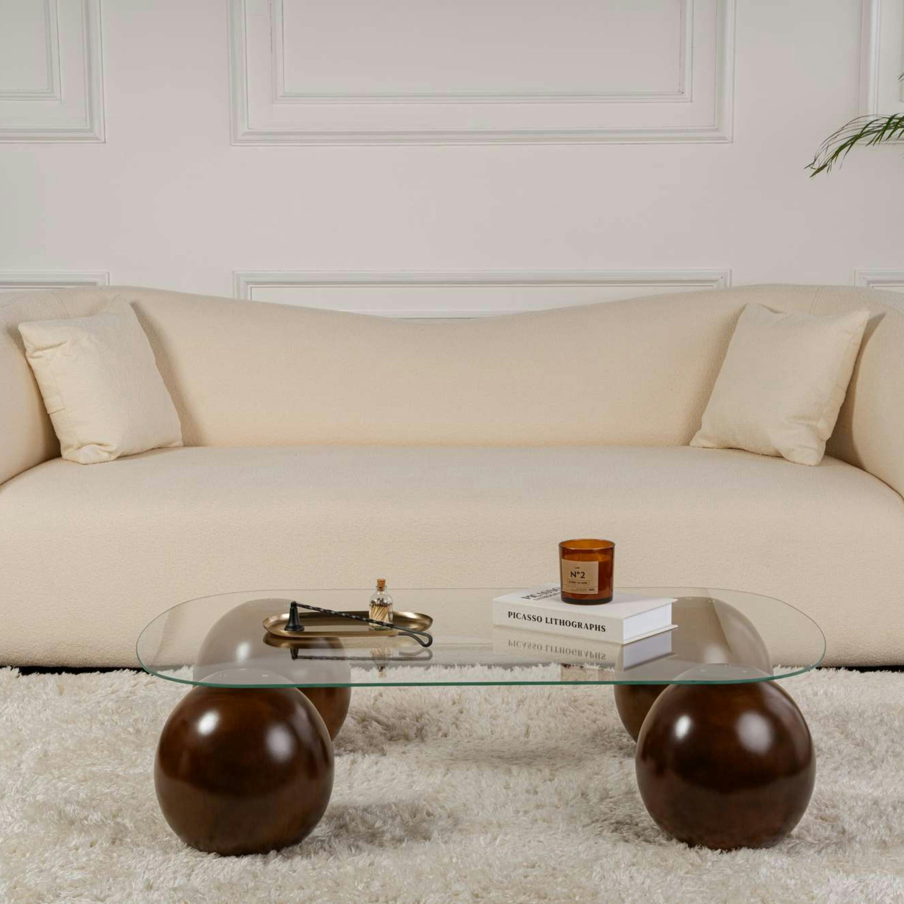 Table basse verre bords arrondis 4 pieds boule KOCHI
