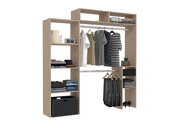 Dressing bois extensible avec penderie, étagères et tiroirs - ELYSEE