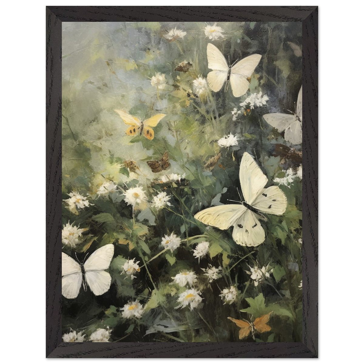 Artfulprints Poster met Lijst Butterflies in flowerfield  - 30x40 cm - Donkergroen