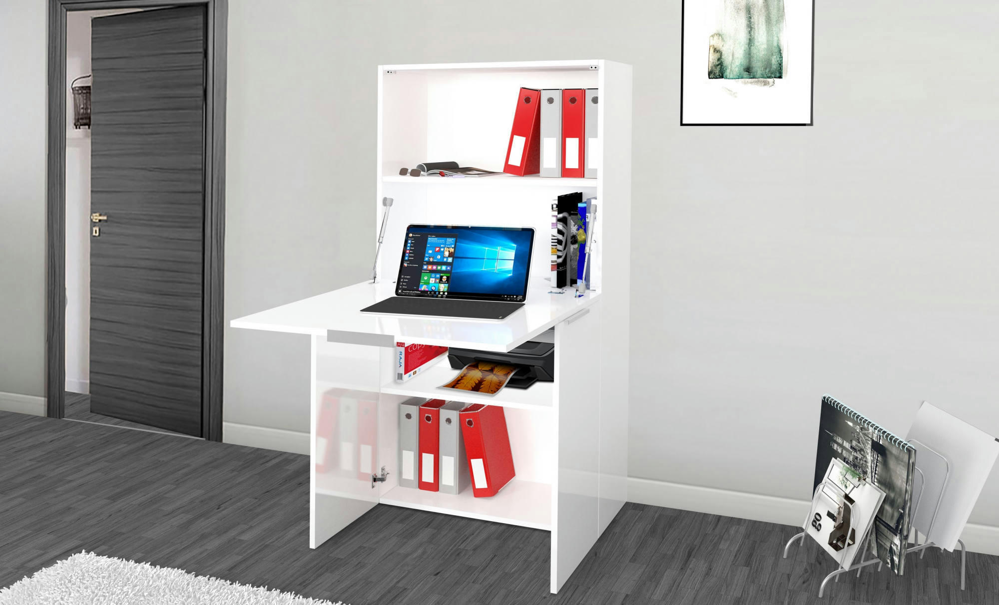 IGOR - Bureau escamotable effet bois blanc brillant 70x35h140 cm