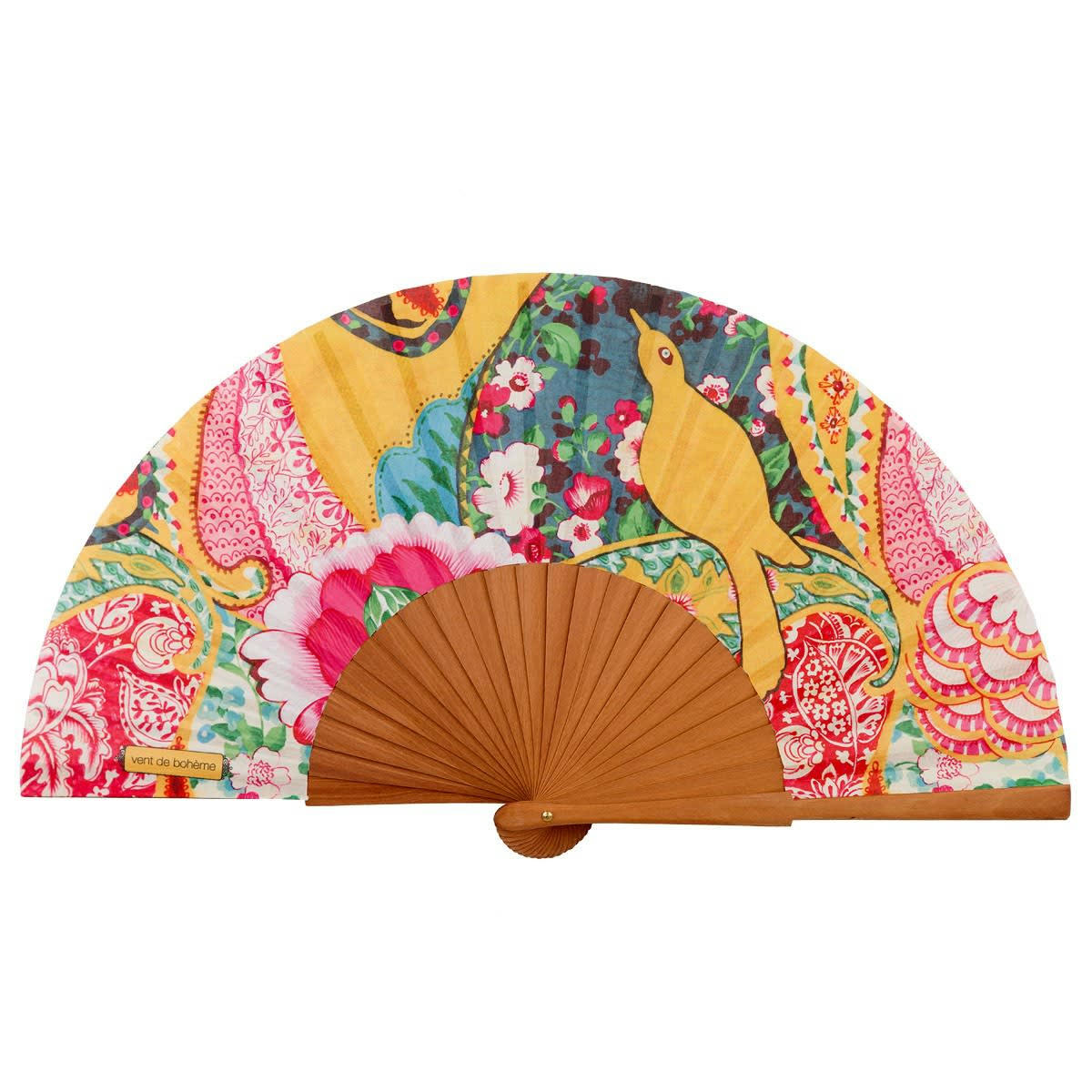 PAJARO - Éventail en bois de merisier et coton imprimé design fleuri