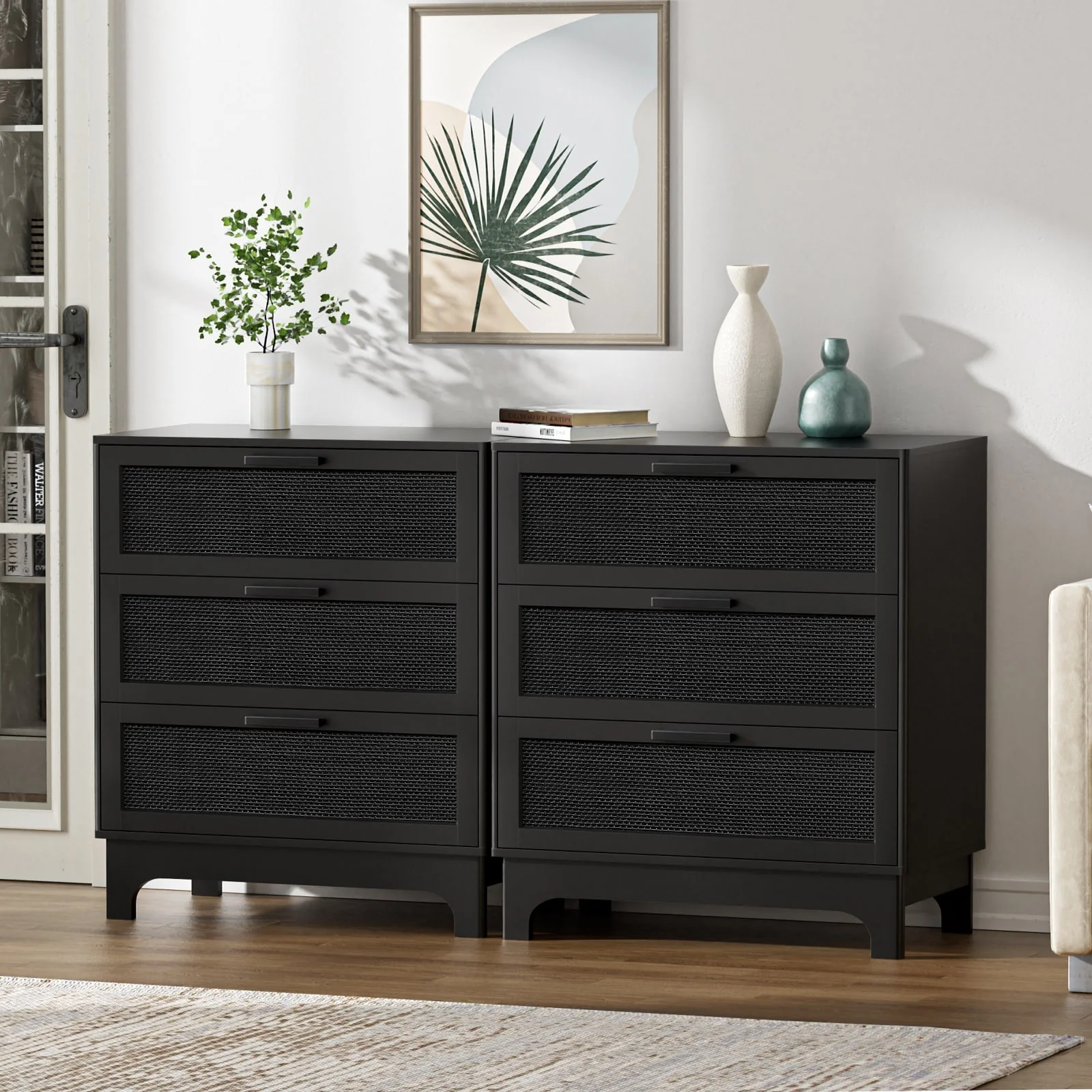 Anmytek Black 3-Drawer Dresser Modern Rattan Chest of Drawers Accent Storage Cabinet for Bedroom