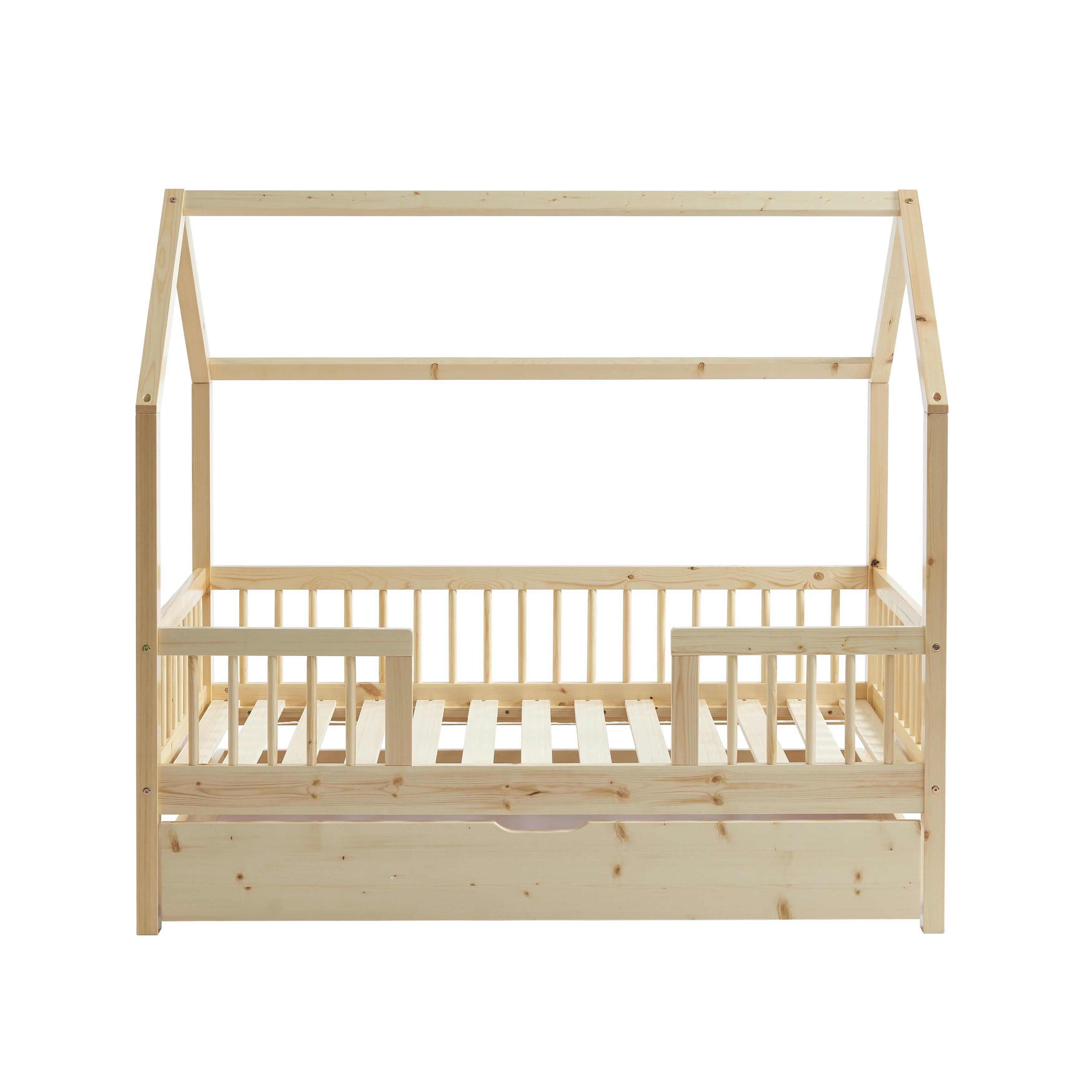 TINY - Lit cabane avec barrières  pin massif 70x140 sommier + tiroir