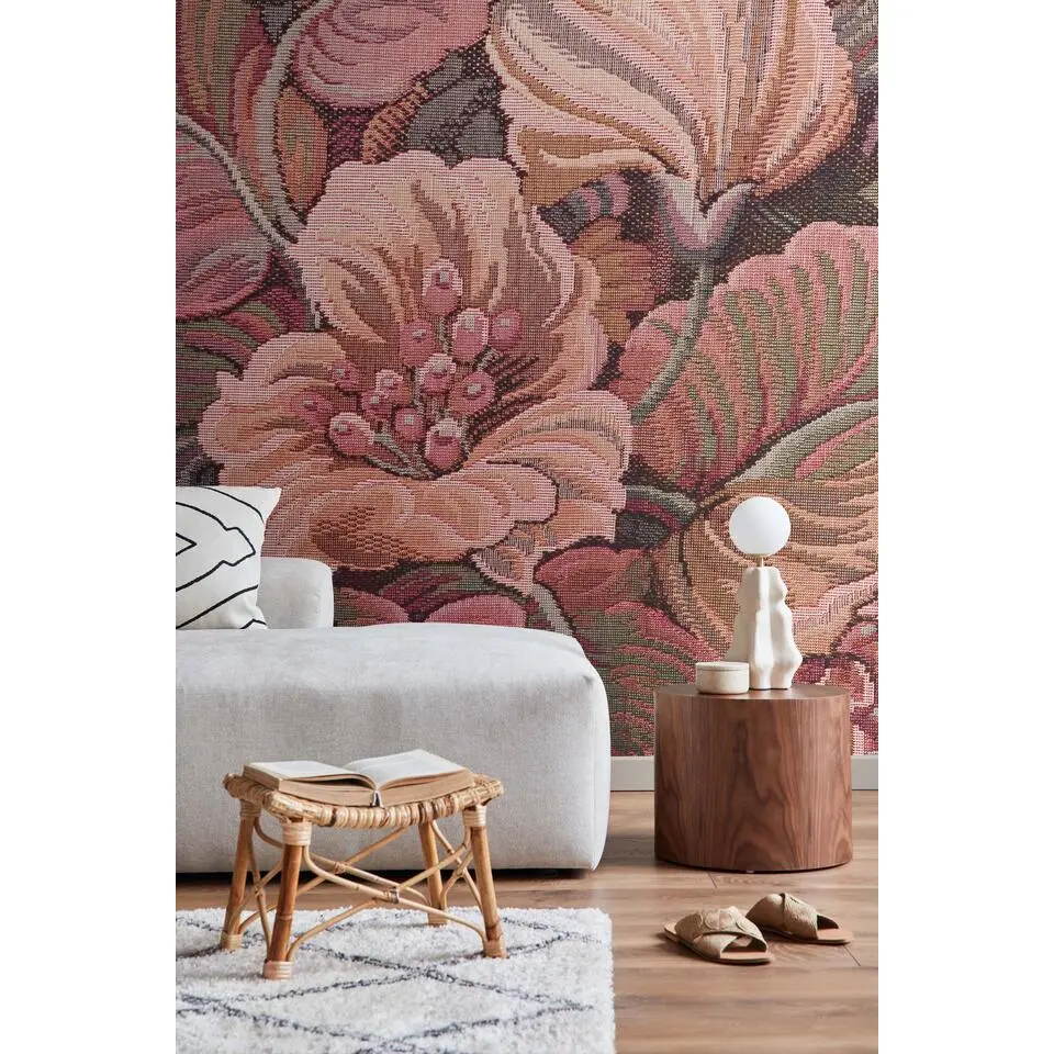 ESTAhome fotobehang geborduurd bloemmotief roze - 250 x 279 cm