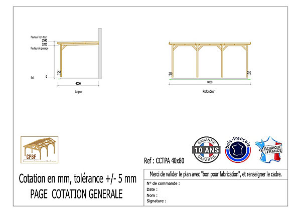 Carport toit plat adossé 400cmx800cm bois DOUGLAS français (charpente - auvent - abri camping-car). 32 m². Garantie 10 ans.