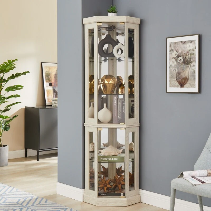 Stylish Corner Display Cabinet with Built-In Lights – Ideal for Showcasing Collectibles, Glassware, or Decor.