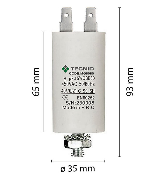 Condensateur de démarrage pour moteurs électriques, 450V, capacité : 8 microfarad, 4 broches / M8