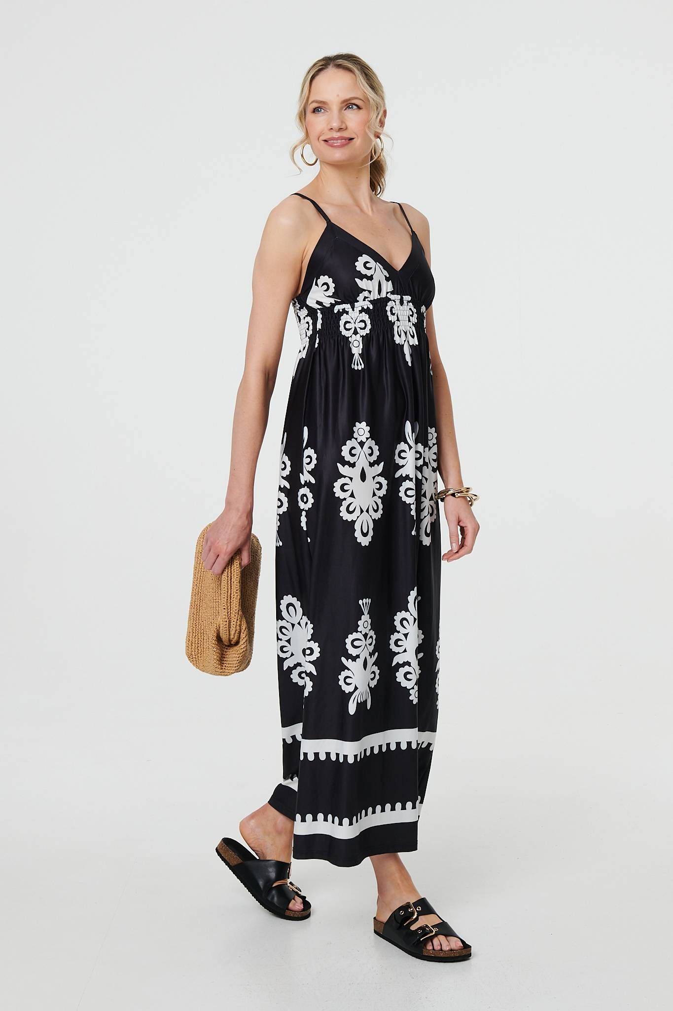 Izabel London Ikat Print Sleeveless Shirred Maxi Dress