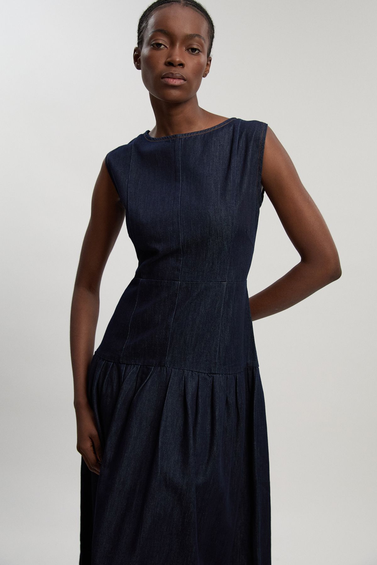 KarenMillen Petite Denim Dropped Waist Full Skirted Midi Dress