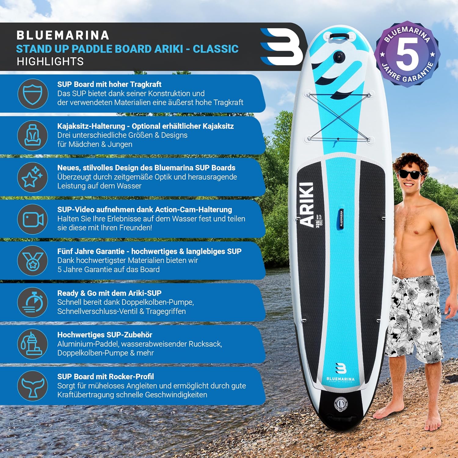 Bluemarina Stand Up Paddling Board Ariki | 𝟓 𝐉𝐀𝐇𝐑𝐄 𝐆𝐀𝐑𝐀𝐍𝐓𝐈𝐄 - SUP Board - Stand Up Paddle - Surfbrett | 325x86x15cm 140kg