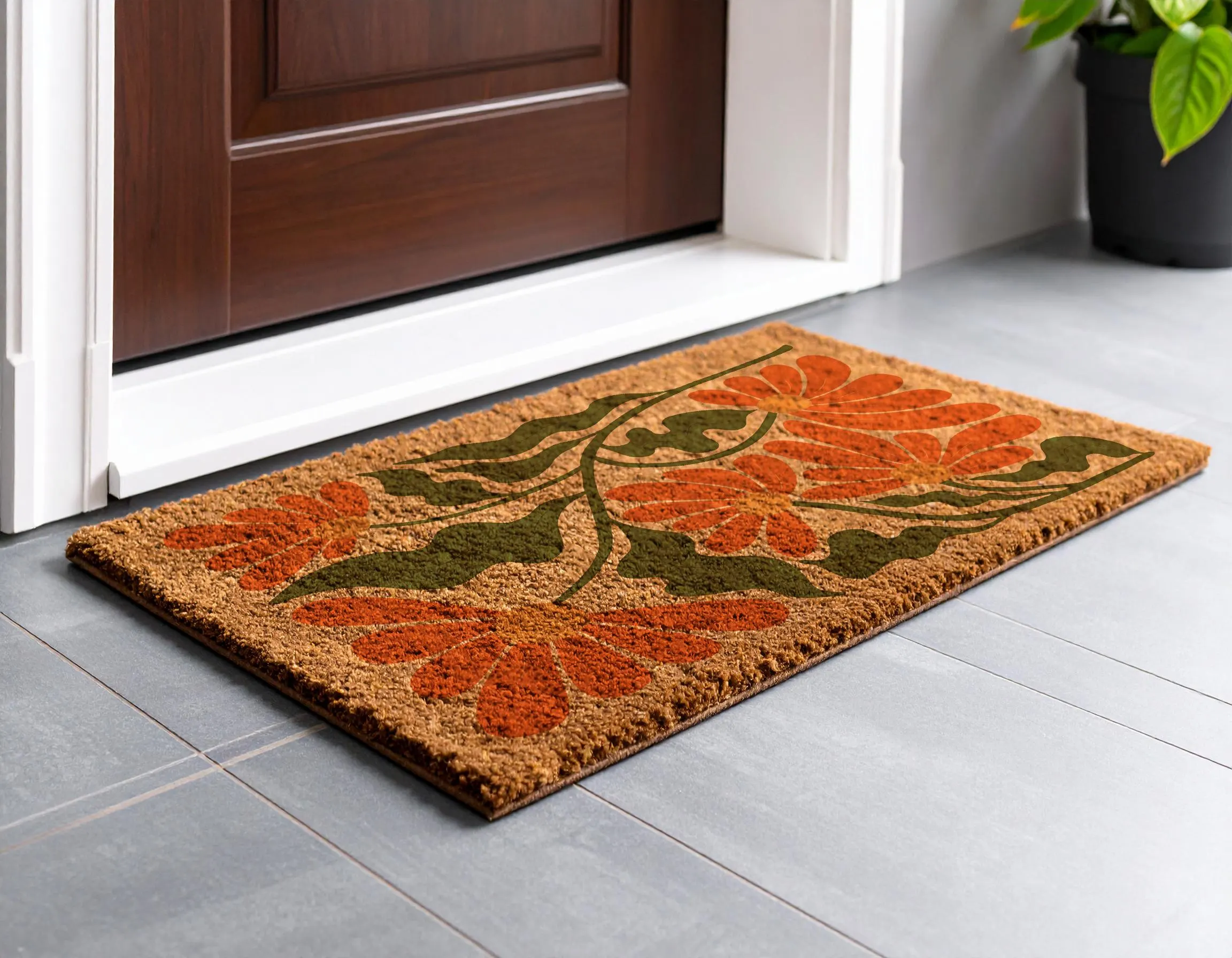 Retro Poppy Coir Doormat: Boho Floral Welcome Mat