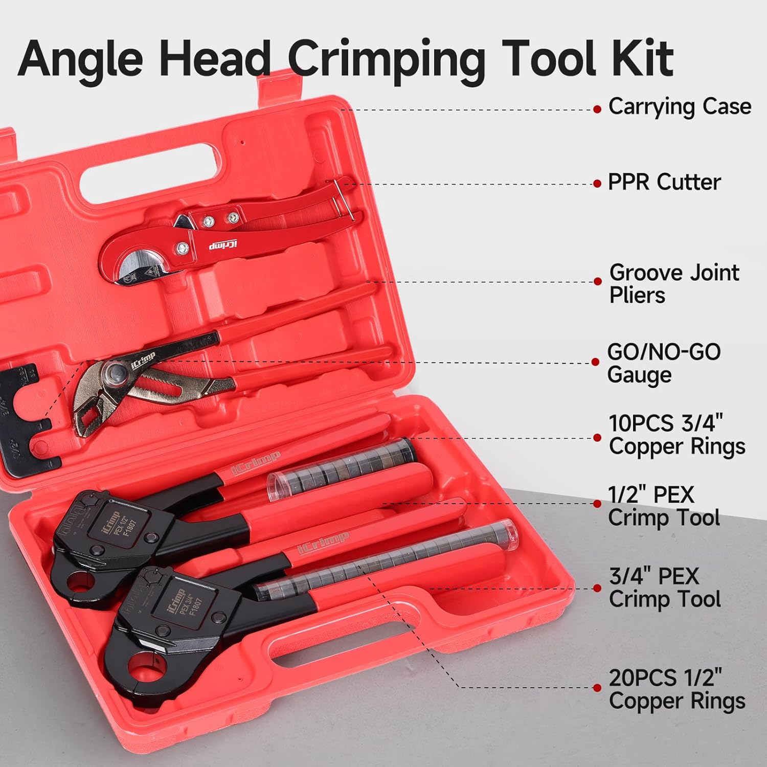 iCrimp Angle Head F1807 PEX Pipe Crimping Tool for Copper Rings - 1/2&3/4-inch Two Crimper Set with 9.5 Groove Joint Pliers, PPR Cutter, 20PCS 1/2 and 10PCS 3/4 Copper Rings