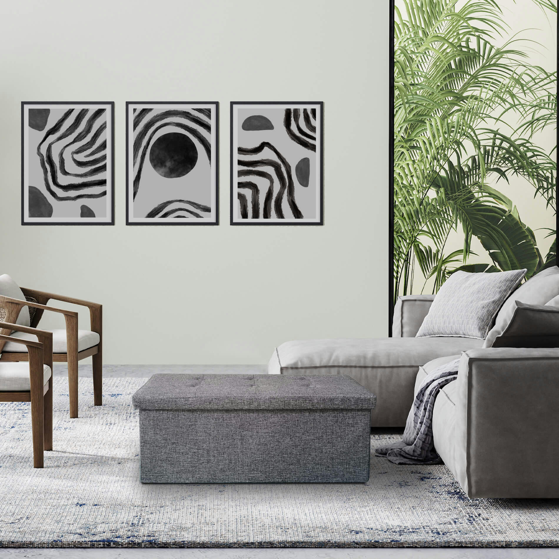 - Repose-pieds banquette pliant en fibre de bois et tissu gris