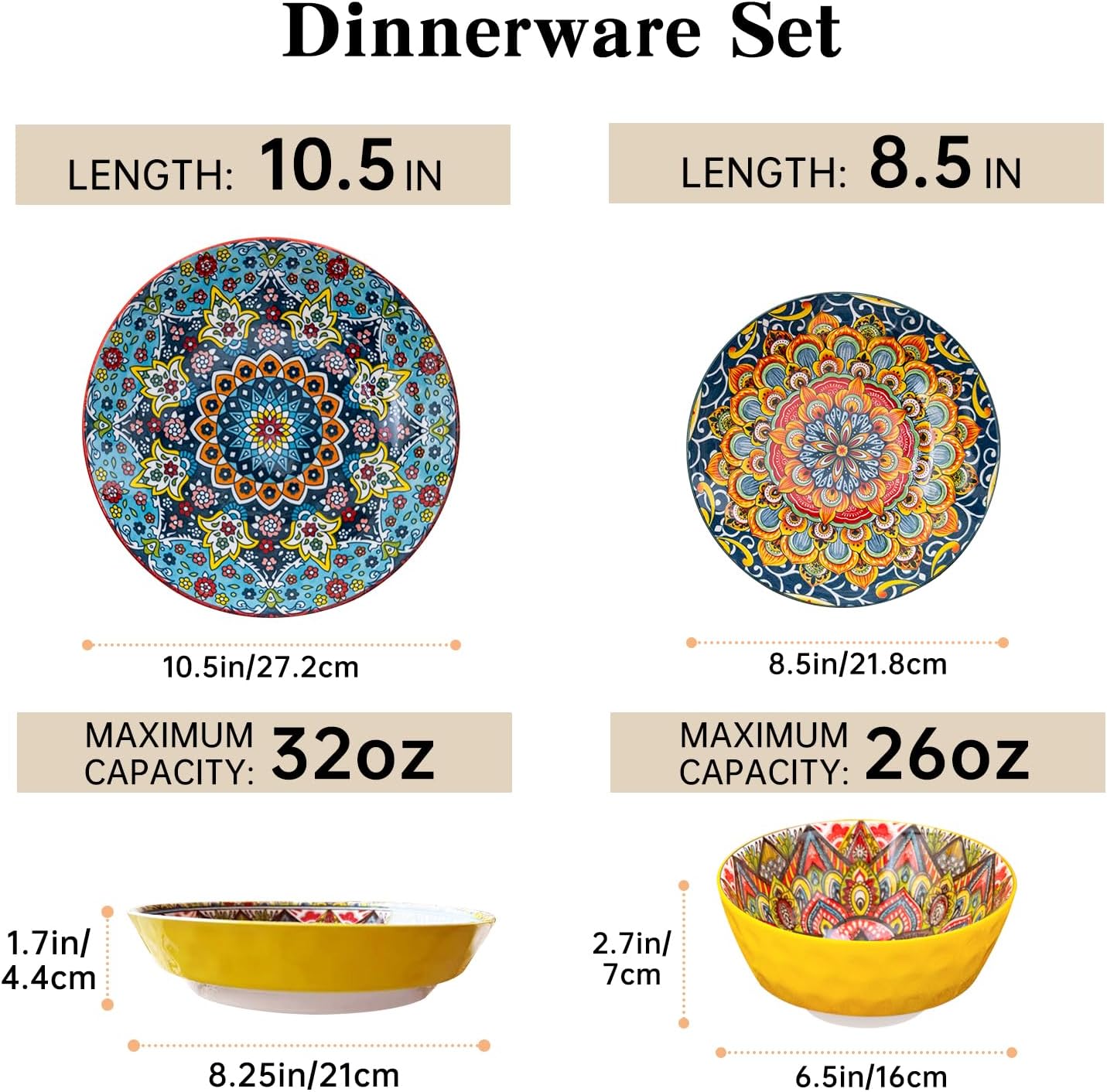 24 Pieces Dinnerware Sets, Ceramic Plates and Bowls Set, Microwave and Dishwasher Safe, Scratch Resistant, Bohemian Style Dishware Set, Service for 6