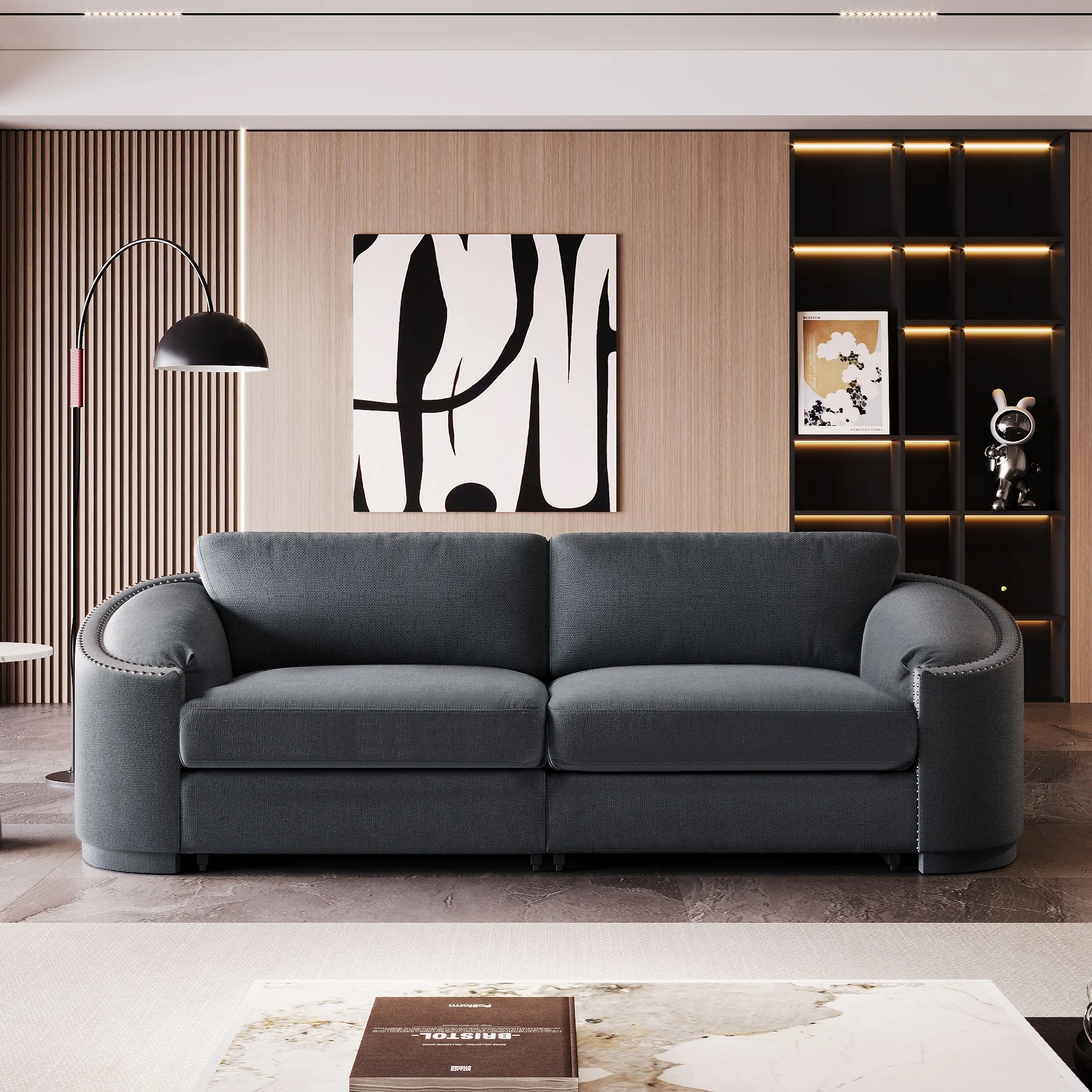 Sofa with Semilunar Arm, Rivet Detailing, and Solid Frame