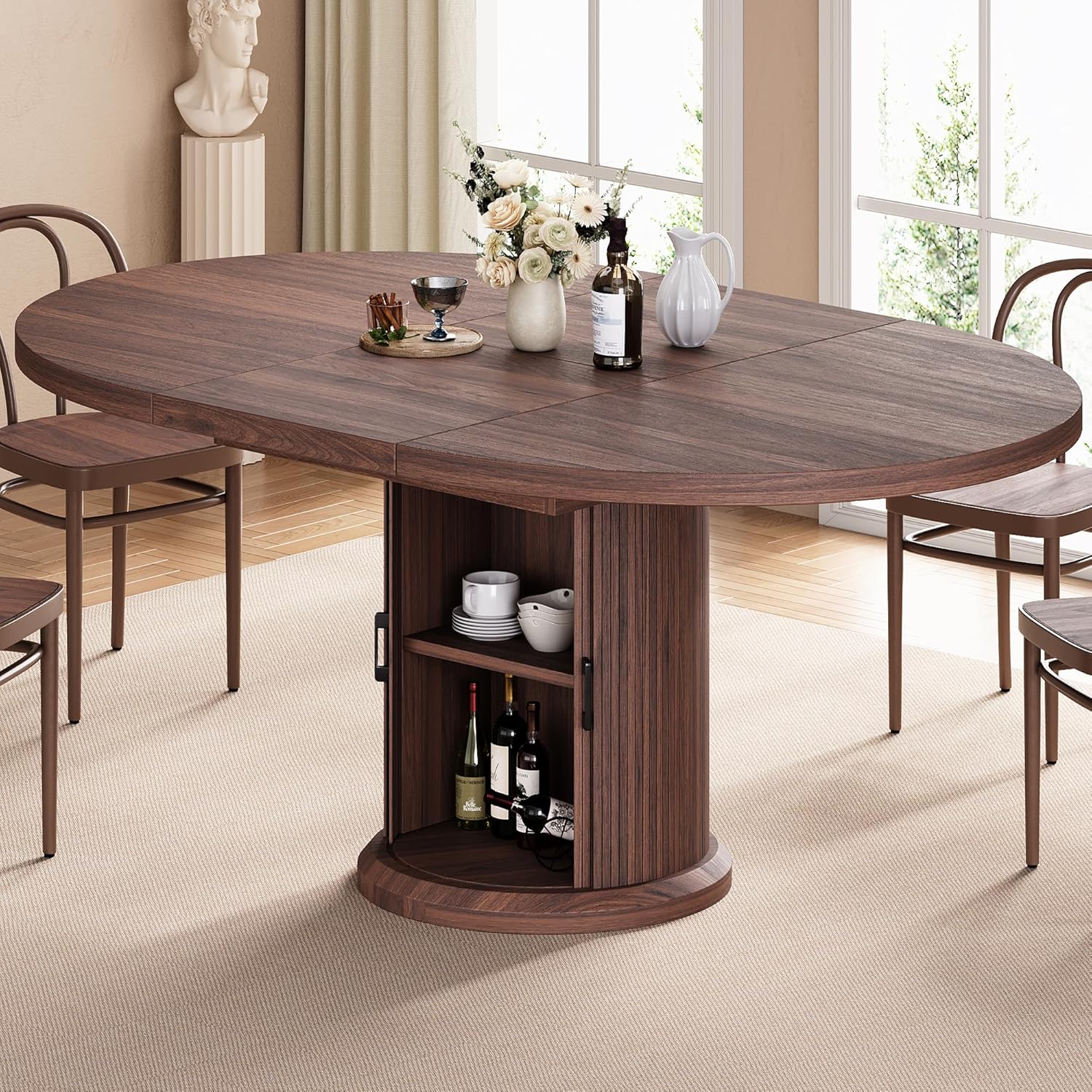 Jocoevol 47″–63″ Extendable Round Dining Table for 4–8 with Dust-Proof 2-Tier Storage Shelf Space Saving Expandable Wood Oval Circle Dinner Furniture with Pedestal Base (Brown)