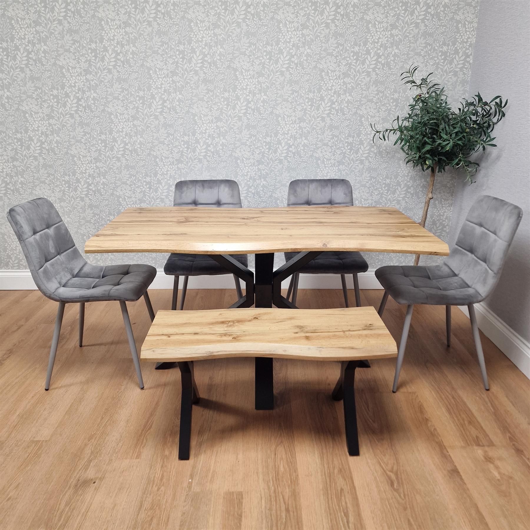 KOSY KOALA Wooden Dining Table with Bench and 4 Grey Velvet Chairs, Stylish Dining Room Furniture