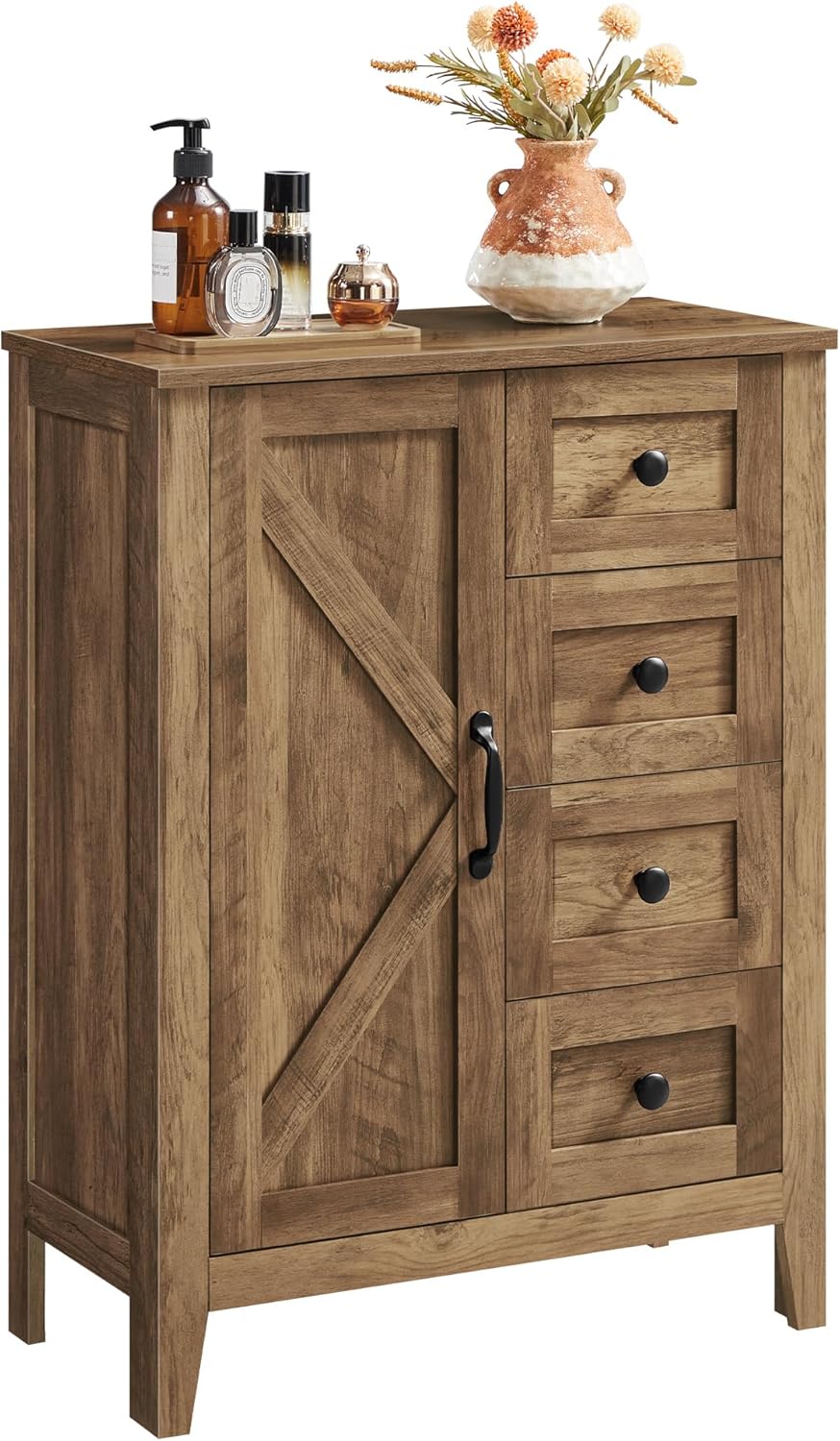 VASAGLE LIRY Collection - Storage Cabinet, Farmhouse Bathroom Floor Cabinet with 4 Drawers, Freestanding Storage Organizer, Barn Door, Adjustable Shelf, Honey Brown, UBBK753K01