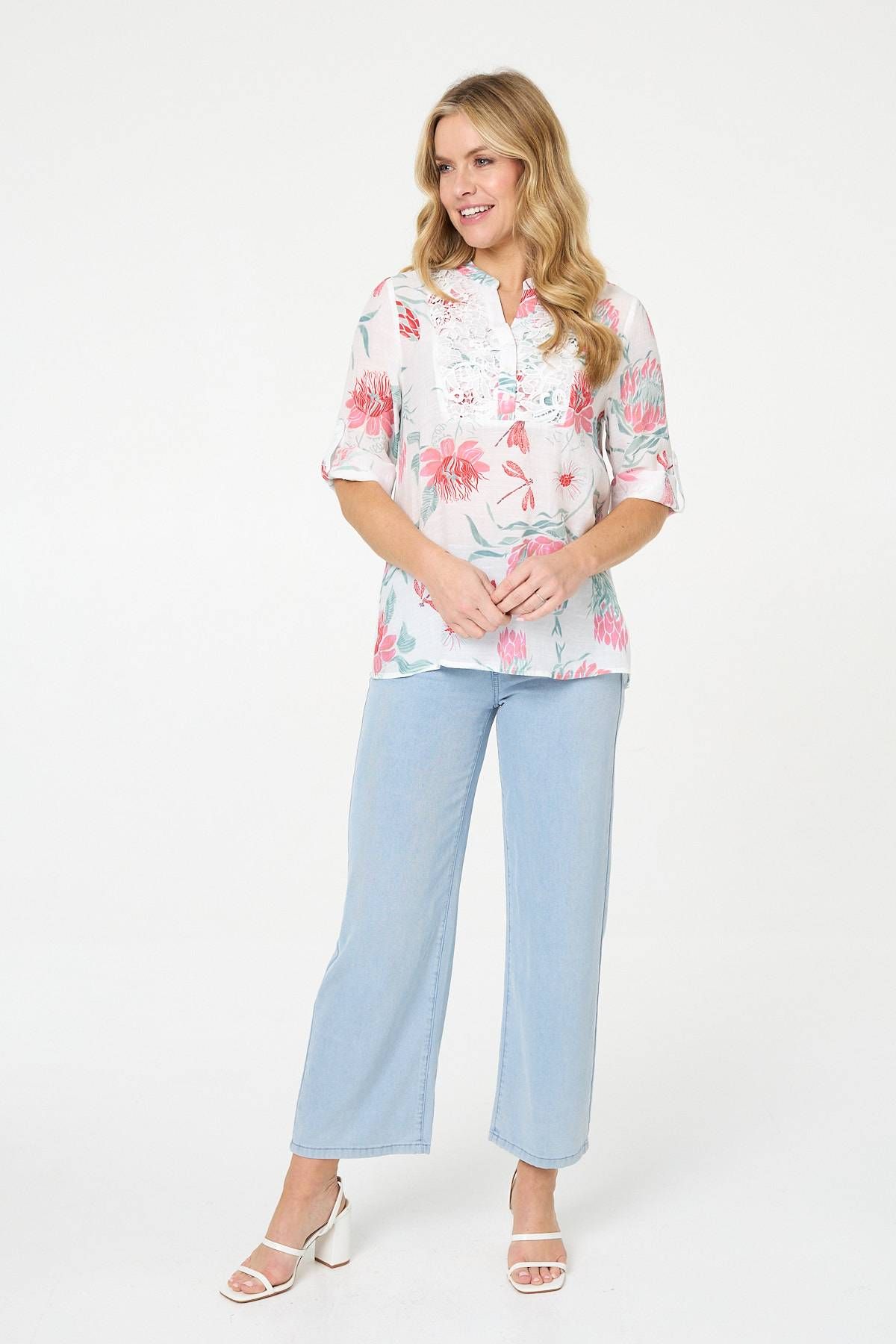 Izabel London Lace Trim 3/4 Sleeve Relaxed Blouse